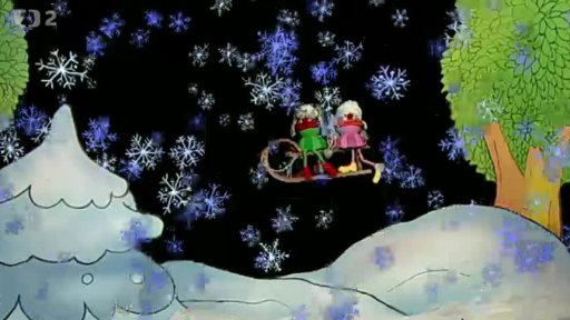 Muf a Fámula letí na saních, sněží.