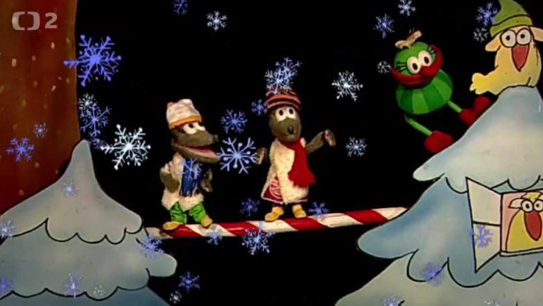Tryský, Tryskáček a Muf se chystají ven stavět sněhuláka, Muf si nechce vzít ani šálu, ani čepici.