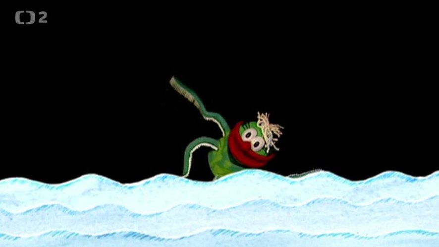 Mufo-chobotnice radí dětem, jak dostat ze stromu hrušky.